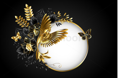 Round Banner with Golden Hummingbird