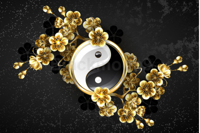 Yin Yang Symbol with Golden Sakura