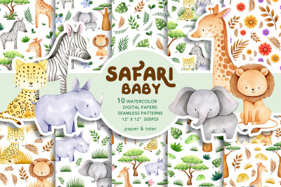 Watercolor Safari Baby Animals Digital Papers, Seamless Patterns