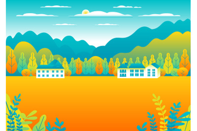 Rural or urban landscape outdoor. City or village in flat style design