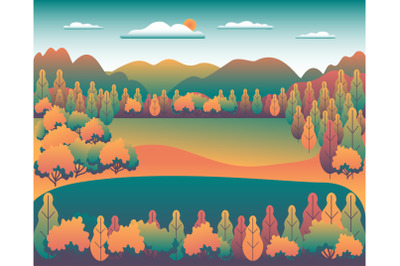 Hills and mountains landscape in flat style design. Beautiful bright