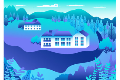 Rural or urban landscape outdoor. City or village in flat style design