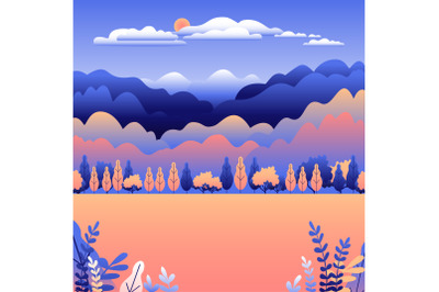 Hills and mountains landscape in flat style design. Beautiful field