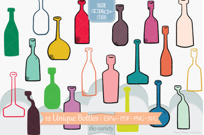 Colored Bottles | Hand Drawn Potion vials | Vintage Wine Bottles