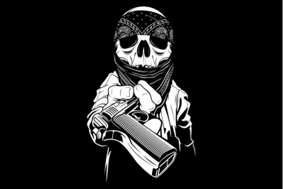 a skull wearing a bandana hands over a gun,vector
