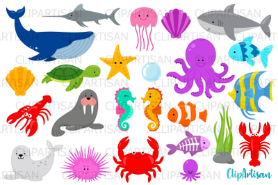 Sea Creatures Clipart, Under the Sea Clip Art, Whale, Shark