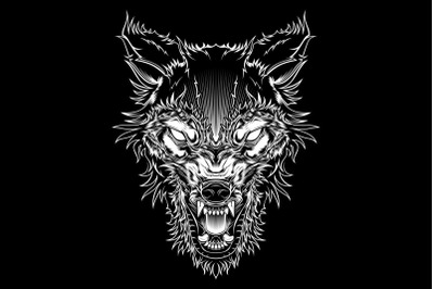 Vector illustration head ferocious wolf, outline silhouette on a black