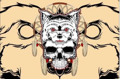 wolf with skull hand drawing vector
