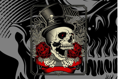 a skull wearing a magician with roses hand drawing vector