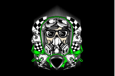 skull helmet racing with gas mask hand drawing vector