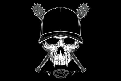 skull wearing hat and cross baseball bat hand drawing vector