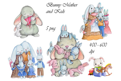 Bunny Mother and Kids. Watercolor.