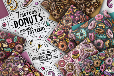 7 Donuts Cartoon Seamless Patterns