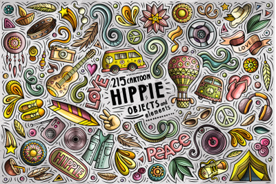 Hippie Cartoon Vector Objects Set