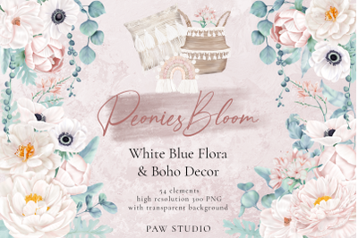 Boho White Peonies Clipart. Flowers, Leaves, Home Decor