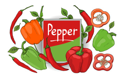 Vector set with red, green, orange pepper.
