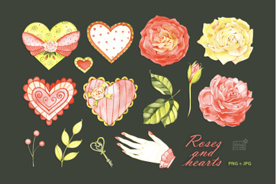Watercolor hearts and roses