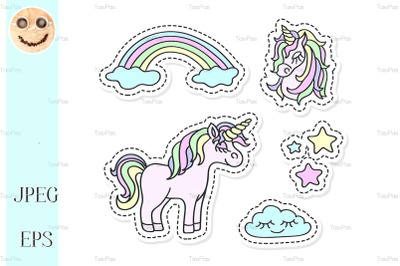 Unicorn and rainbow vector sticker set.