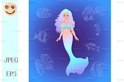 Vector pretty mermaid with sea fishes cartoon style.