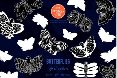 Hand Drawn White Butterflies | Moth | Insect | Flying Bugs