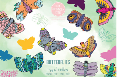 Hand Drawn Colored Butterflies | Moth | Insect | Flying Bugs
