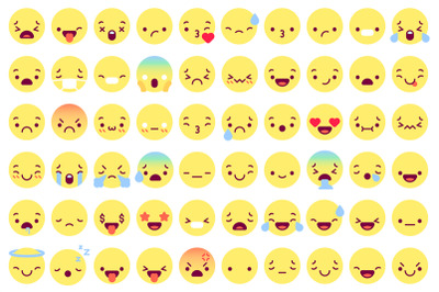 Flat emoji faces. Flat emoticon smiling avatars with different face em