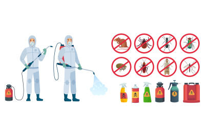 Cartoon disinfector. Disinfectors characters in protective suits with