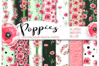 Watercolor digital paper poppies seamless patterns scrapbookin