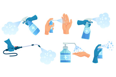 Disinfection spray in hand. Hands sanitizer&2C; sprayed antiseptic and di