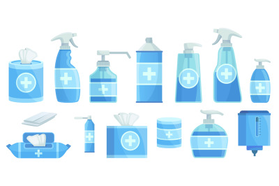 Cartoon disinfectants. Disinfection alcohol spray, antiseptic sanitize