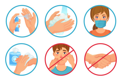 Prevention of coronavirus infection. Use face mask, sanitizer and wash