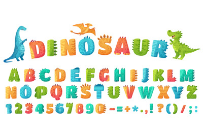 Cartoon dino font. Dinosaur alphabet letters and numbers, funny dinos