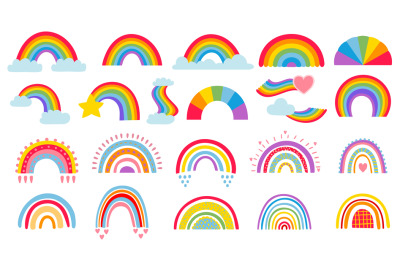 Cartoon rainbow. Colourful rainbows&2C; heart and cloud with rainbow colo