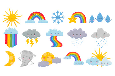 Cute cartoon weather. Happy hot sun&2C; rainbow over clouds and funny sno