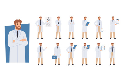 Doctor character in different poses. Doctors checklist, eye test and h