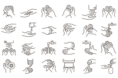 Hand washing and disinfection icons. Hands sanitizer, rub with soap an