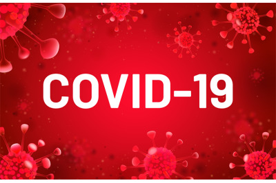 Covid-19 banner with red virus cells floating