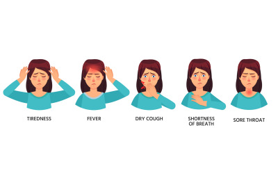 Woman with covid-19 symptoms dry cough and sore throat