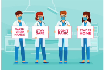 Doctors holding banners with text stay safe