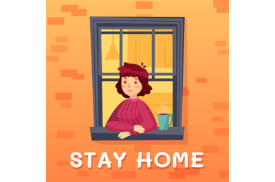 Stay home card. Girl self isolation in room with cup of coffee