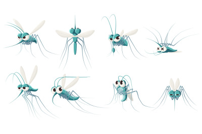 Cartoon mosquito. Angry forest flying mosquitoes, scared and dead inse