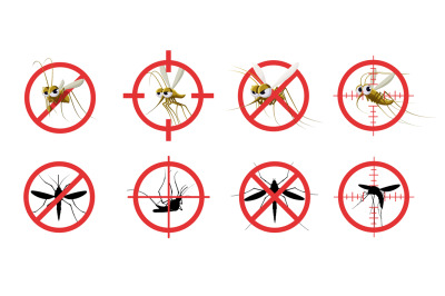 Anti mosquito sign. Informational red prohibited mosquito target, sign