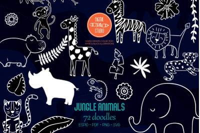 Jungle Animals Doodles | Hand Drawn Tropical leaves | White