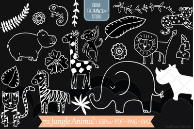 Jungle Animals Doodles | Hand Drawn Tropical leaves | White