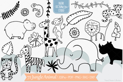 Jungle Animals Doodles | Hand Drawn Tropical leaves