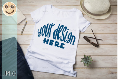 Womens T-shirt mockup with summer hat.