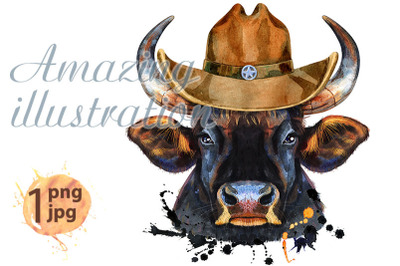 Watercolor illustration of black powerful bull in a cowboy hat