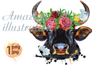 Watercolor illustration of black powerful bull in wreath of peonies