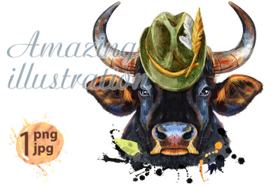 Watercolor illustration of black powerful bull in tyrolean green hat