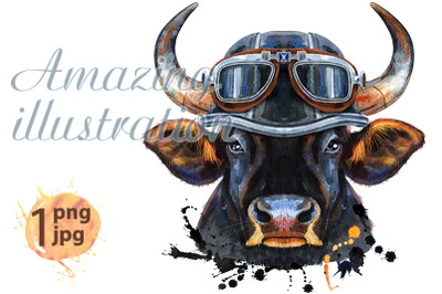 Watercolor illustration of black powerful bull in a biker helmet